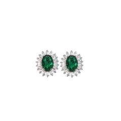 Silver Emerald Oval Studs
